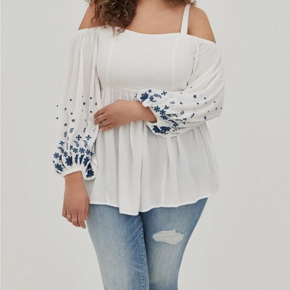 Torrid White Blouse with Blue Embroidery